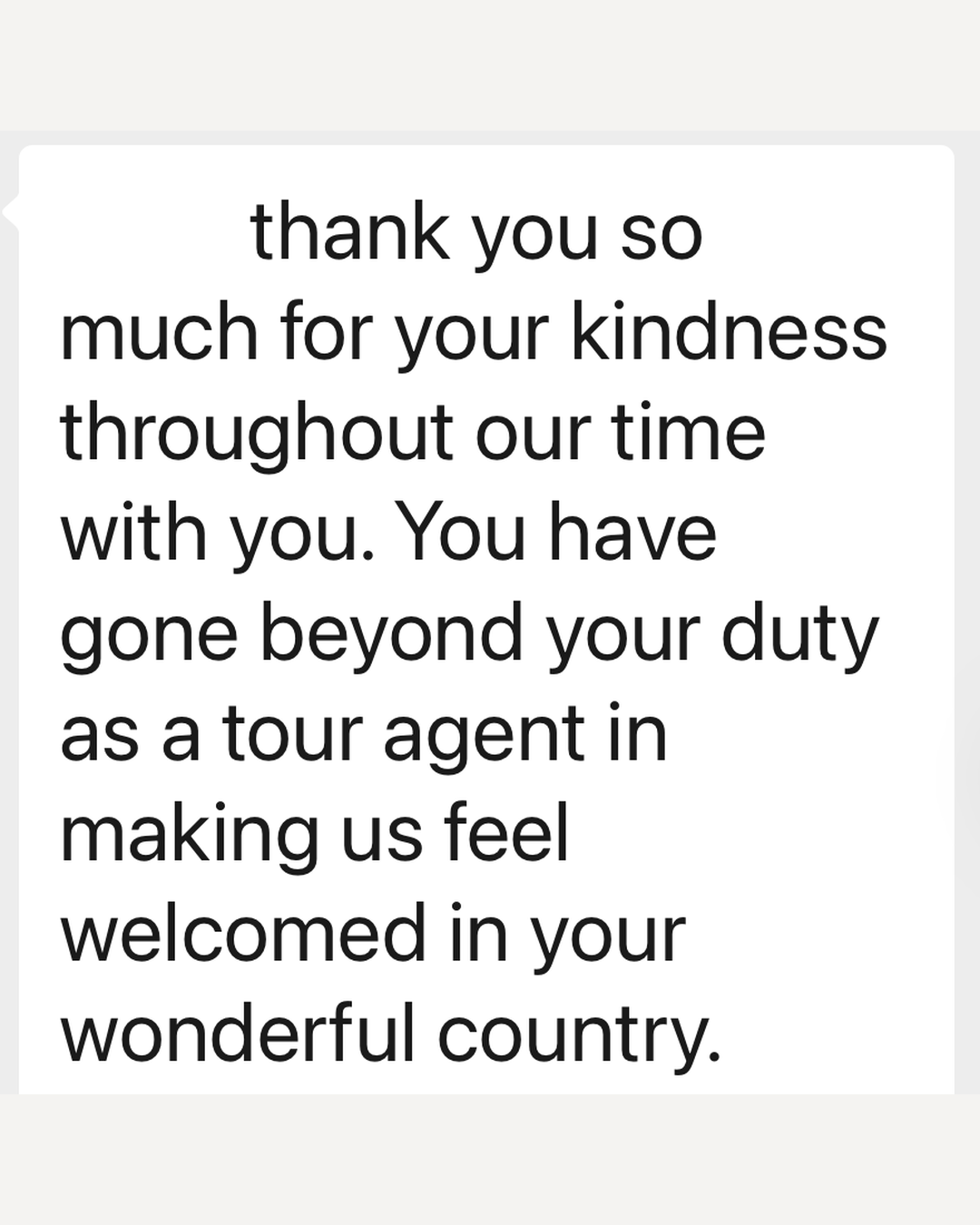 A privacy-protected guest message thanking the travel advisor for thoughtful care and a warm welcome in Yunnan